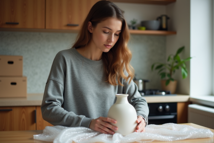 Jeune femme emballant une vase en céramique dans une cuisine moderne