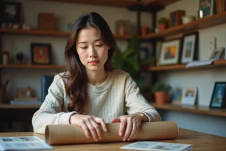Jeune femme en jeans emballant une affiche vintage avec soin