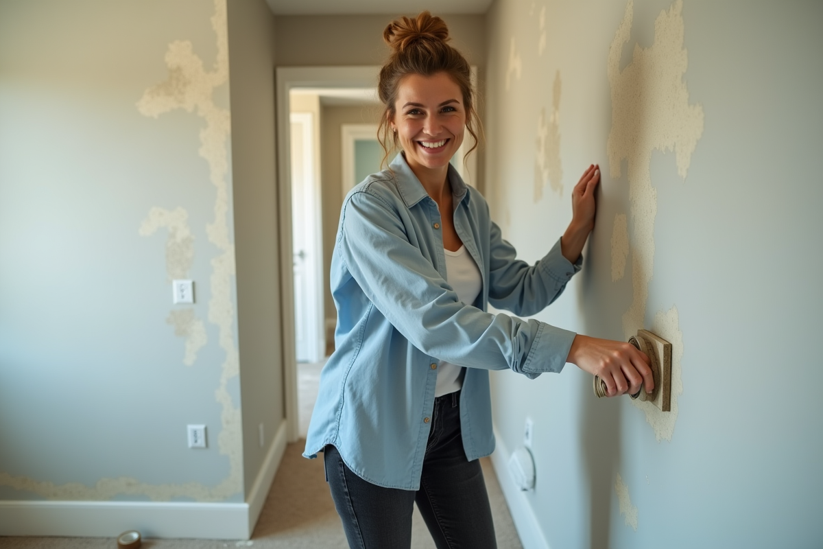 Jeune femme sandant un mur dans un couloir étroit