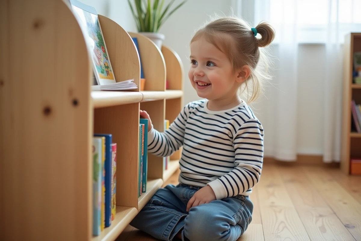 Jeune fille de 7 ans souriante dans une bibliothèque enfant