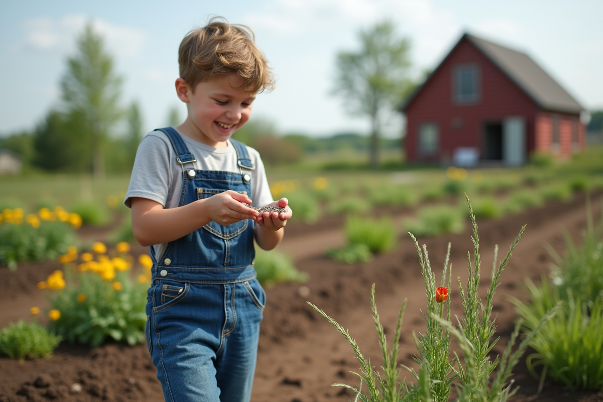 Garçon en salopette tenant des graines de prairie