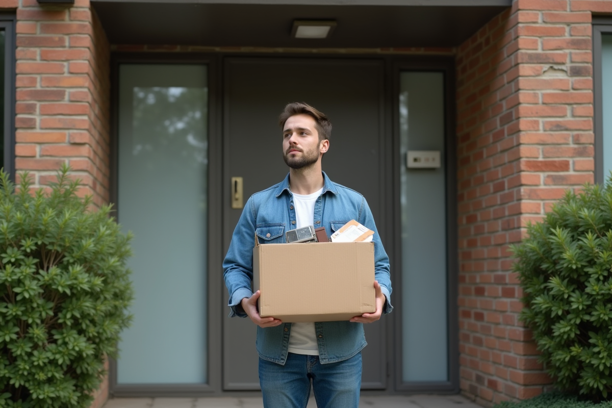 Jeune homme devant un immeuble avec une boîte de déménagement