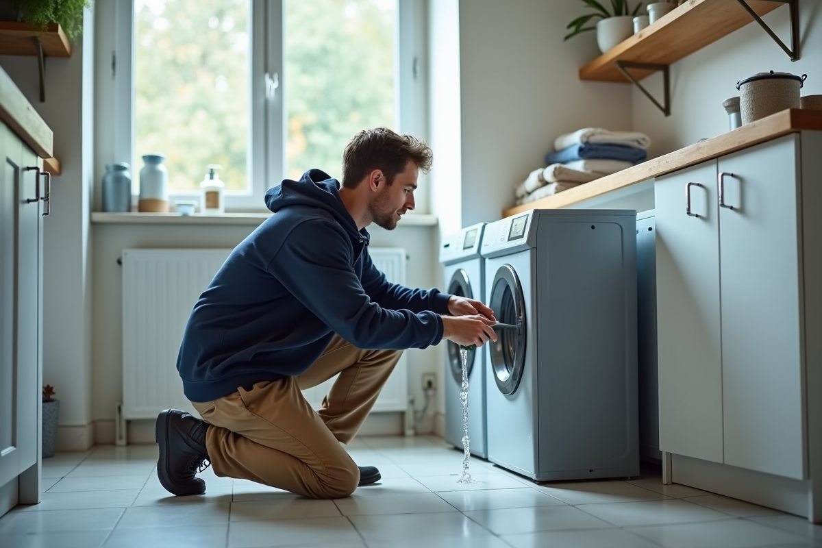 Homme attachant un tuyau à la machine à laver dans la buanderie