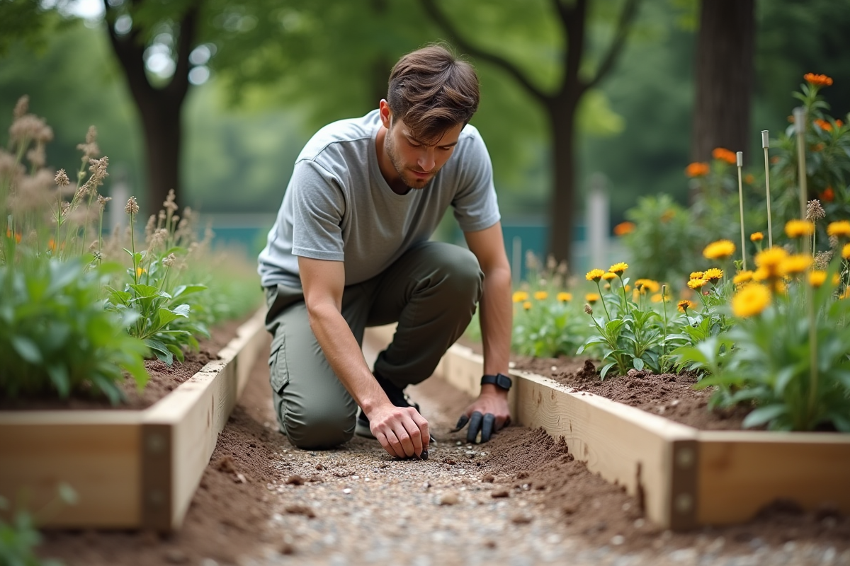 Jeune homme posant des marqueurs dans un jardin communautaire