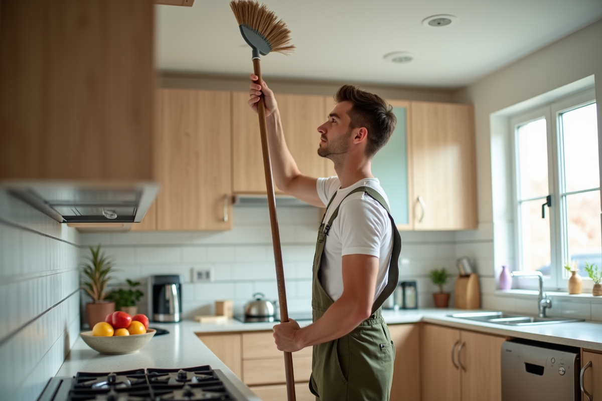 Jeune homme nettoyant les poutres du plafond en cuisine