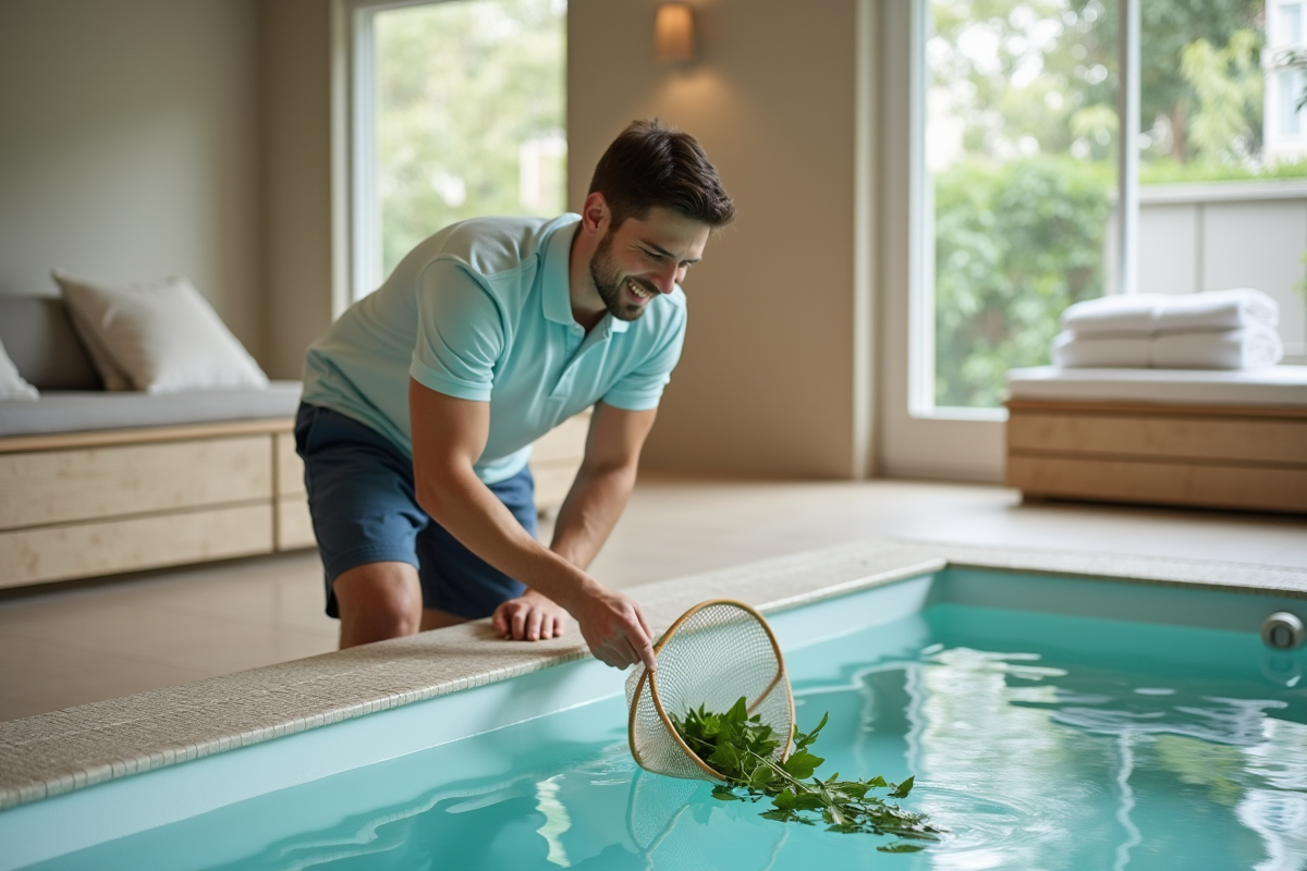 Jeune homme nettoyant un spa intérieur avec un filet