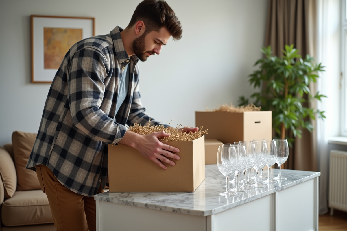 Jeune homme emballant des verres en cristal dans un salon moderne