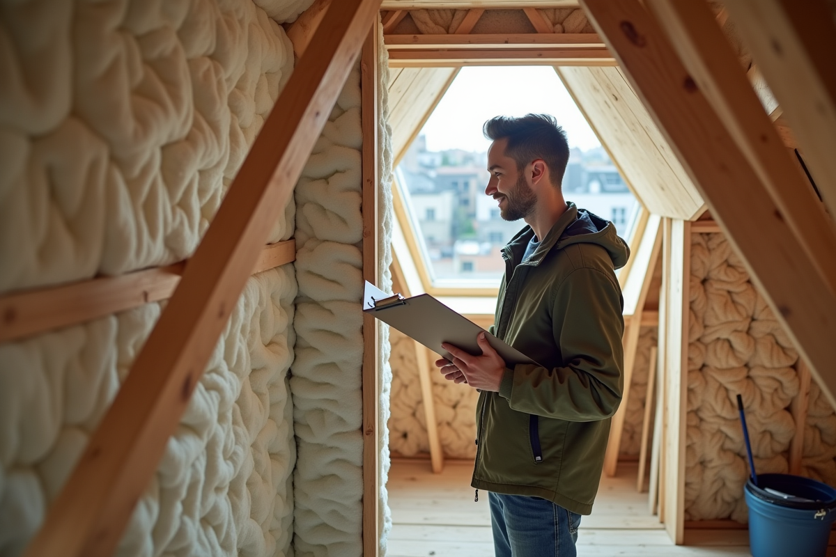 Jeune homme inspectant mur isolé dans grenier rénové