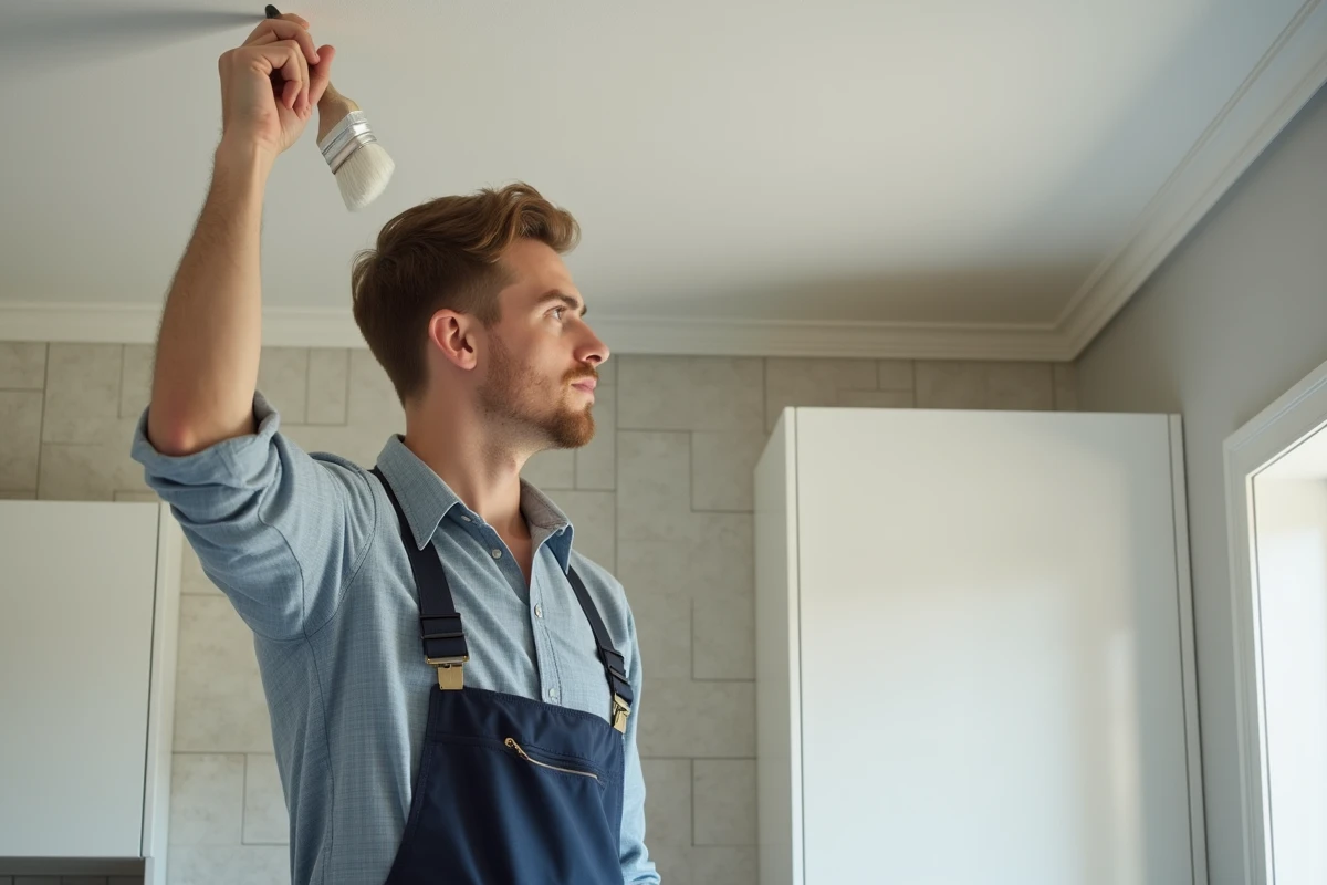 Jeune homme appliquant de la peinture satin&eacute;e au plafond de cuisine