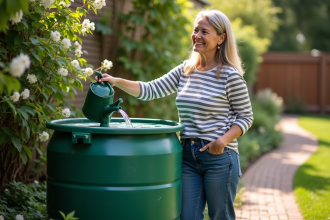Femme souriante avec arrosoir dans son jardin verdoyant