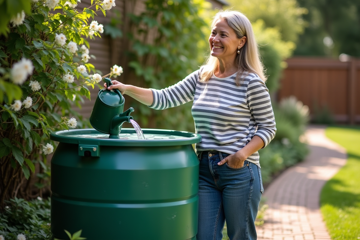 Femme souriante avec arrosoir dans son jardin verdoyant