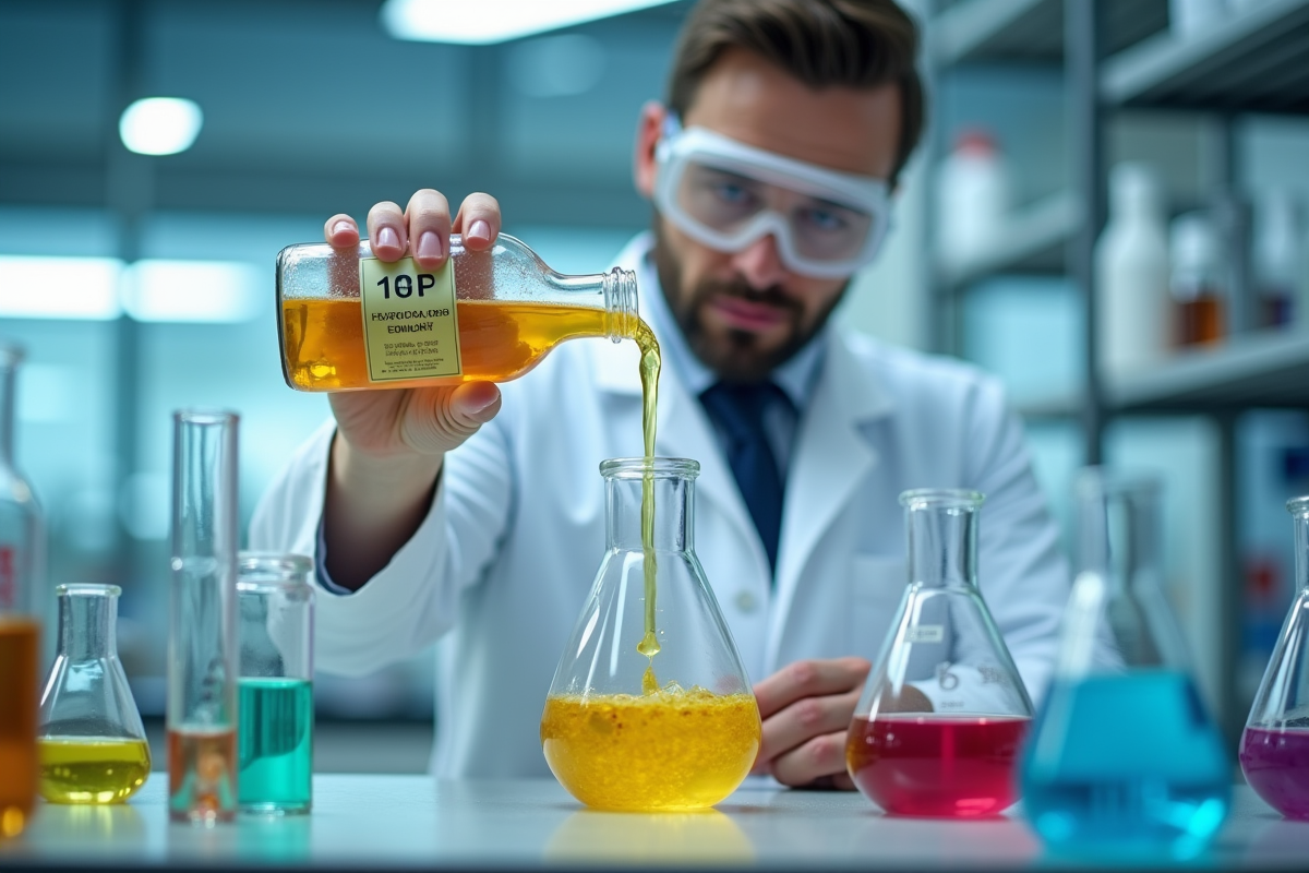 Scientifique versant acide chlorhydrique dans un bécher en laboratoire