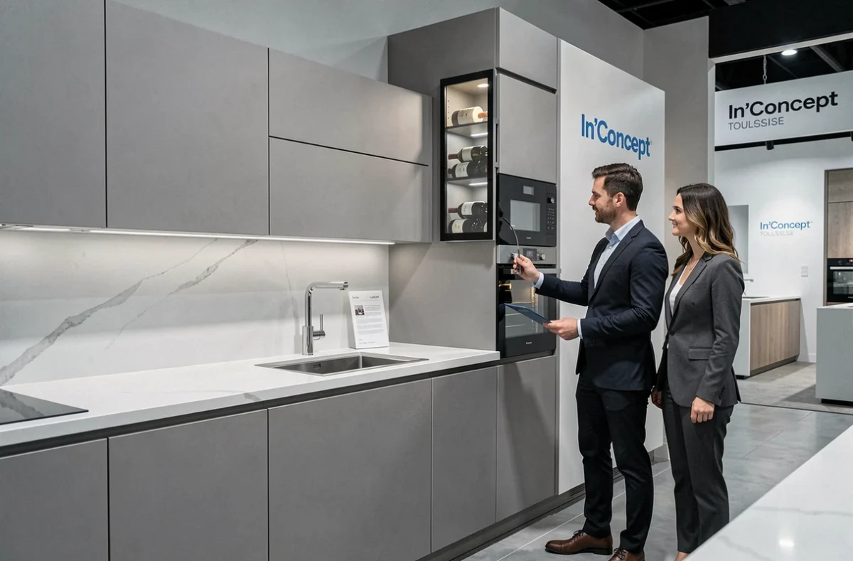 Cuisine LEICHT exposée chez In'Concept Toulouse avec armoires gris soie ultra-minimalistes et plan de travail en pierre frittée blanche