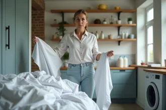 Femme examinant un linge blanc devenu gris dans une buanderie moderne