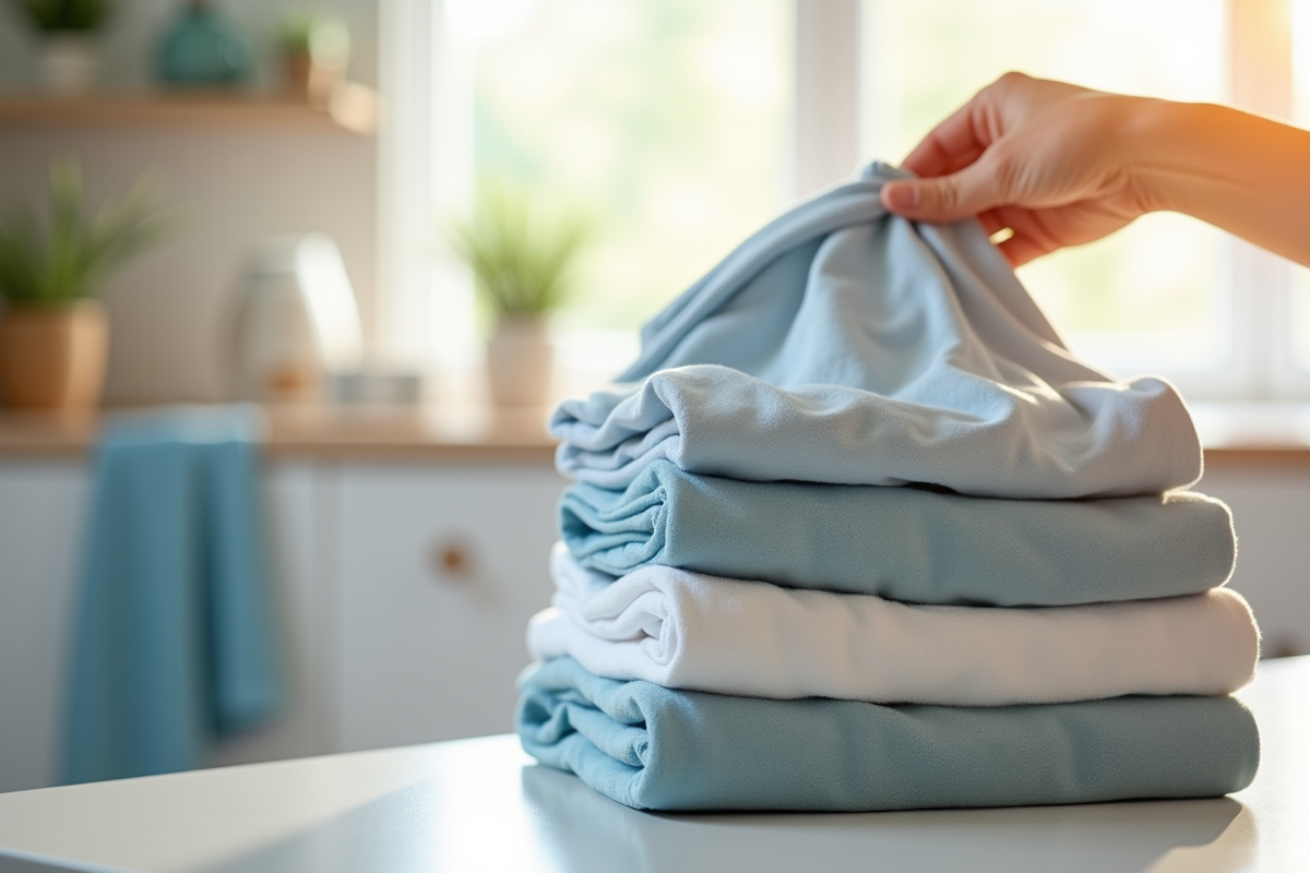 Pile de linge propre plié dans une buanderie lumineuse