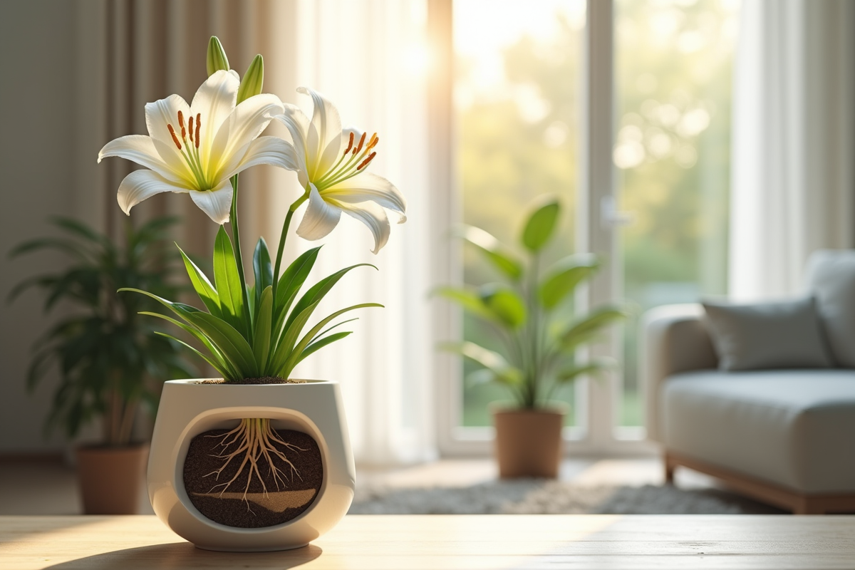 Lis en fleurs dans un pot moderne avec racines visibles