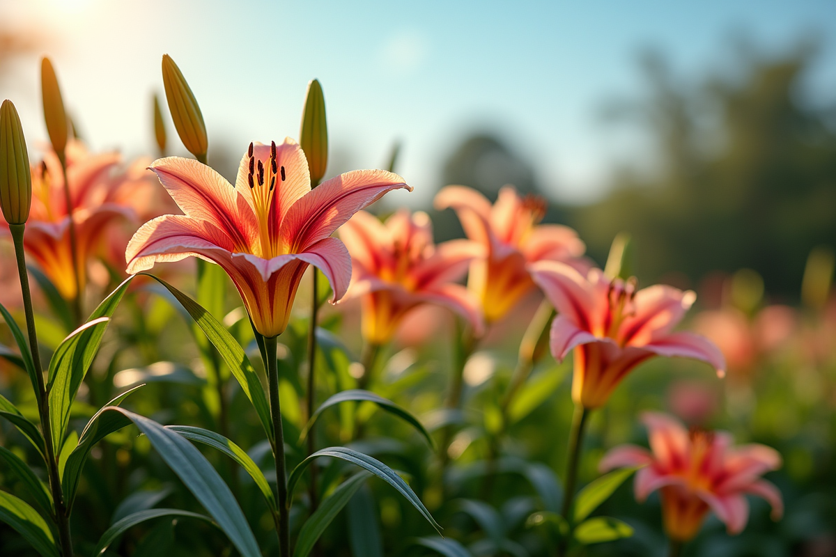 Lys en fleurs dans un jardin bien entretenu sous un ciel bleu