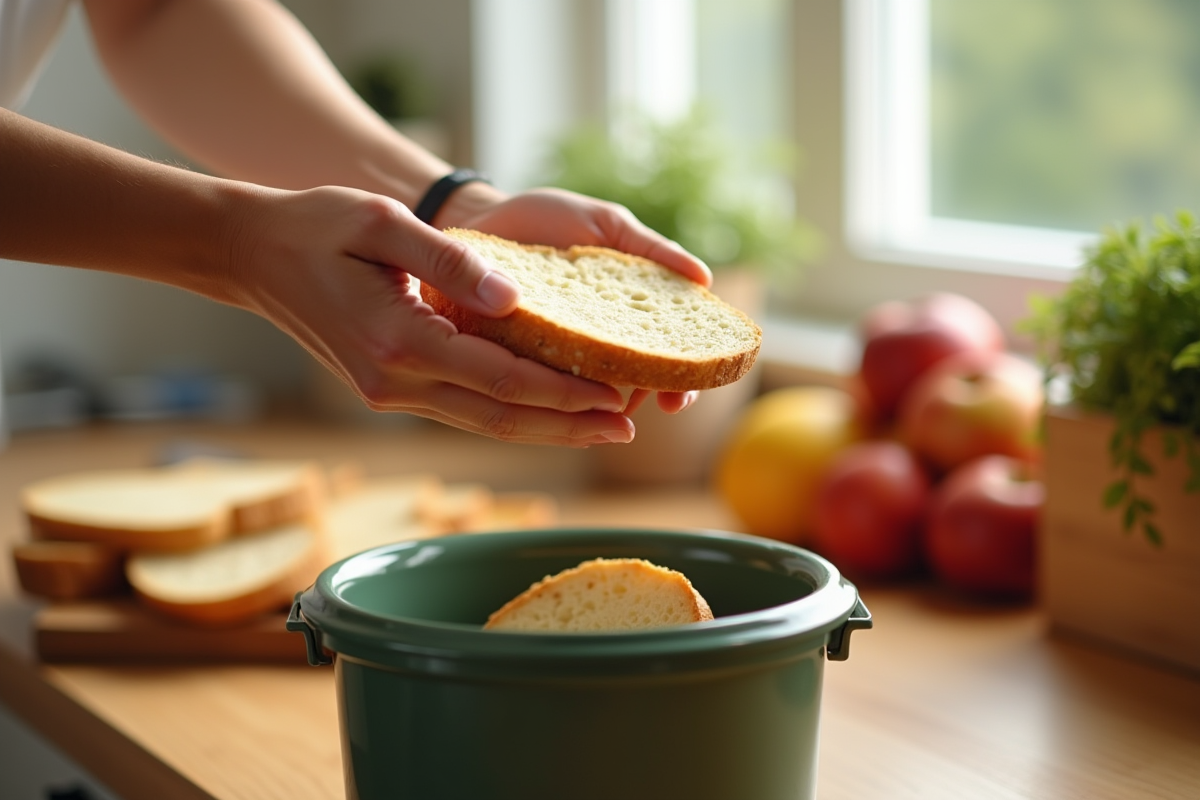 mains tenant des tranches de pain rassis au compost de cuisine