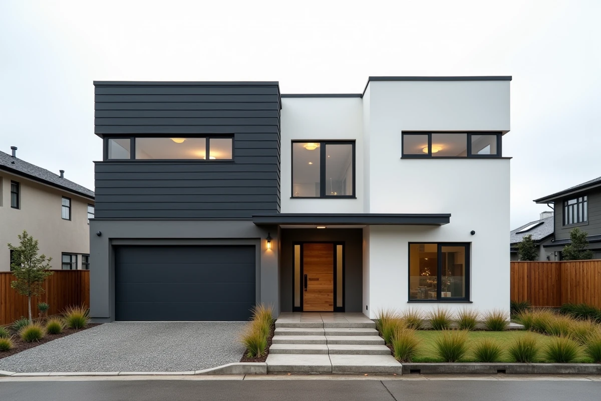 Maison contemporaine avec bardage fibrociment et enduit blanc contrastés sur la façade extérieure