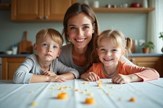 Mère souriante avec ses enfants à table dans une cuisine lumineuse