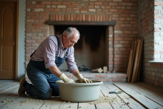 Maçon en travaux mélangeant du mortier dans une pièce en rénovation