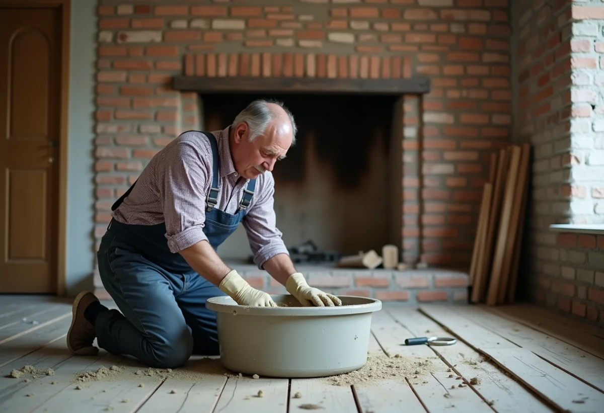Maçon en travaux mélangeant du mortier dans une pièce en rénovation