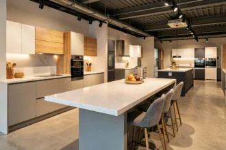 Showroom de cuisinistes en Haute-Saône avec plusieurs modèles de cuisines modernes exposés