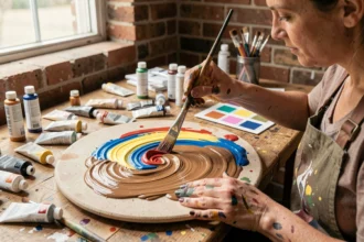 Artiste mélangeant des couleurs primaires rouge, jaune et bleu sur une palette en céramique pour obtenir du marron, dans un atelier de peinture