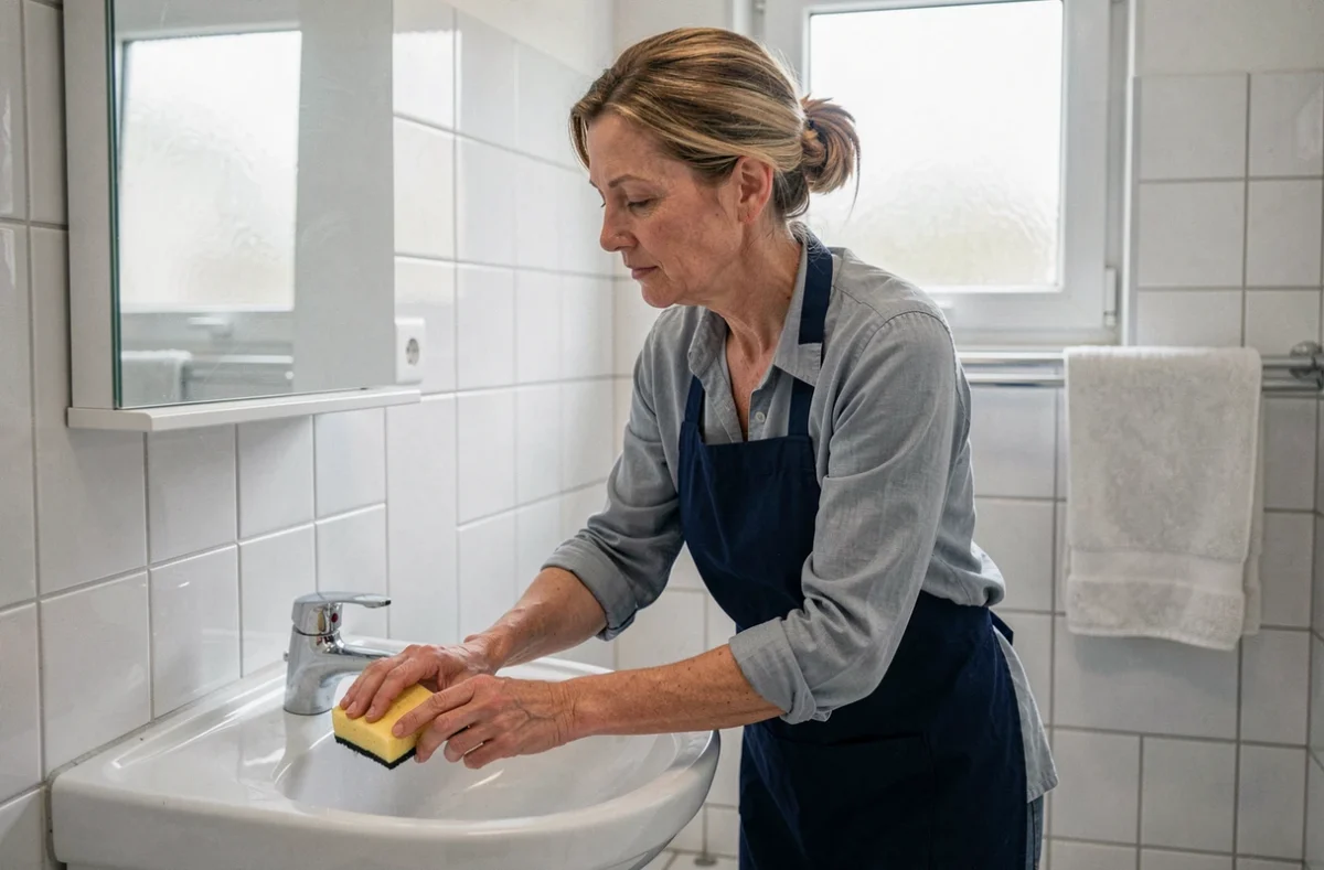 Femme de ménage récurant un lavabo dans une salle de bain d'appartement à Caen