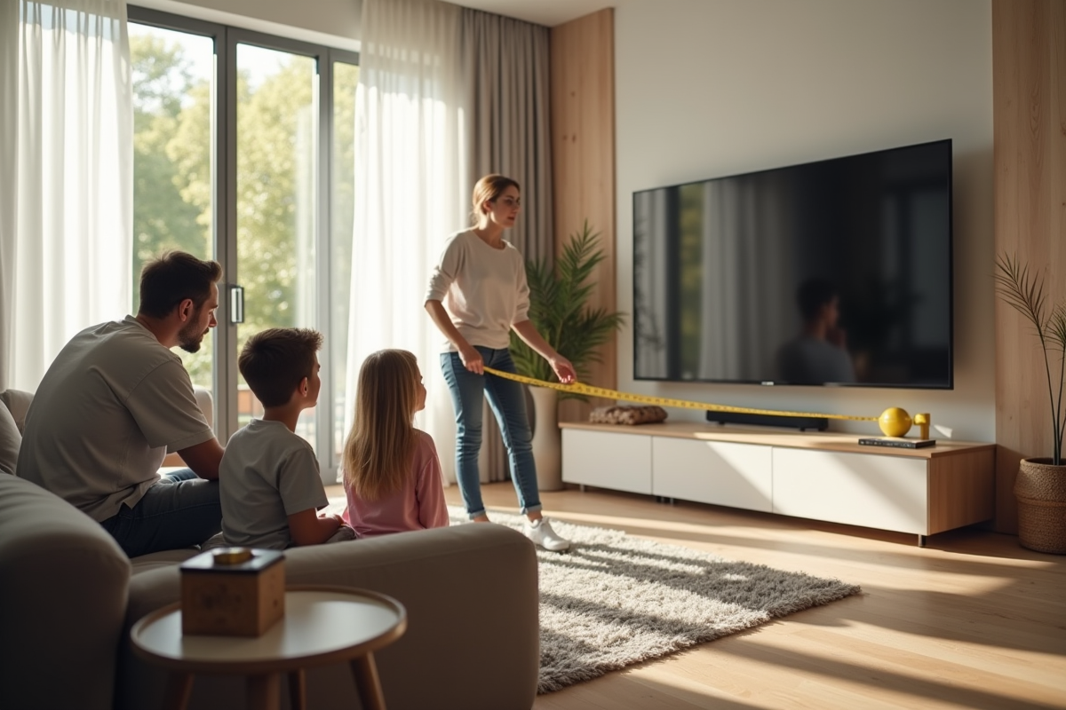 Famille mesurant la distance idéale de la télévision