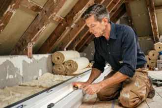 Homme mesurant l'encadrement intérieur d'une fenêtre de toit VELUX avec un mètre ruban dans un grenier en rénovation