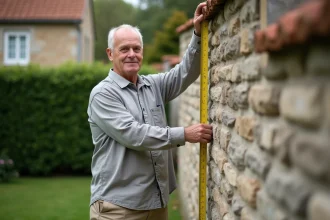 Homme mesurant la hauteur d'un mur mitoyen en pierre dans un jardin pavillonnaire français