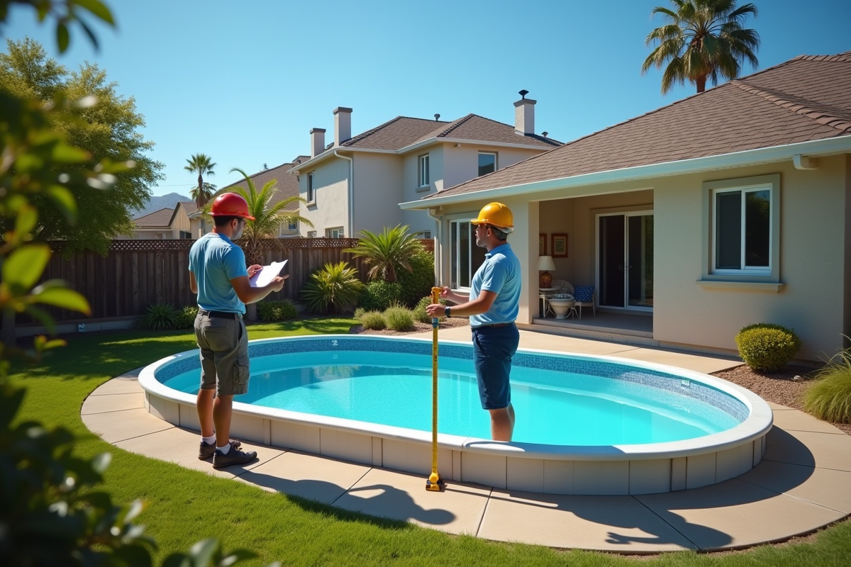 Entrepreneur mesurant une piscine hors sol dans un jardin ensoleille