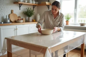 Nappe transparente sur mesure posée sur une table en bois dans une cuisine familiale, révélant le grain naturel du bois à travers le PVC ignifugé