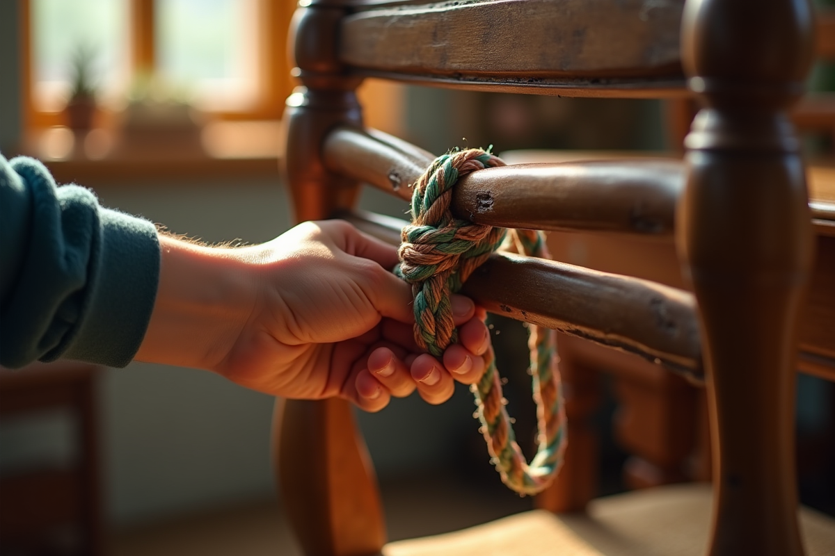 Main nouant un nœud de chaise sur un fauteuil en bois rustique