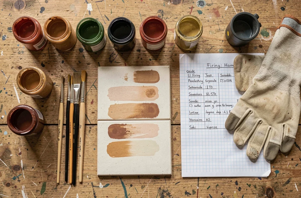 Vue de dessus des outils et matériaux nécessaires pour organiser un premier four d'émaillage céramique à la maison
