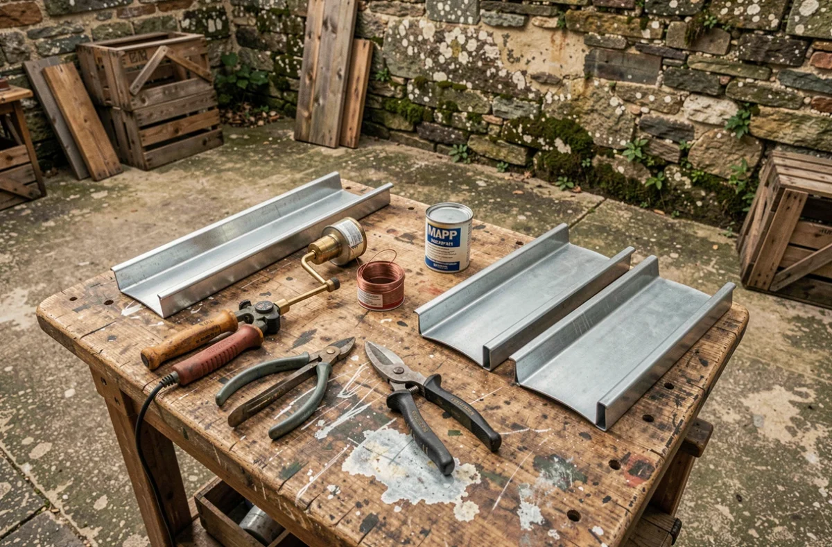 Outils et matériaux pour souder des gouttières en zinc disposés sur un établi extérieur de cour artisanale