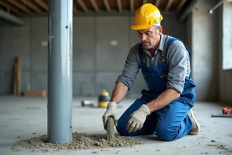 Ouvrier en overalls posant du ciment d'ancrage sur un chantier