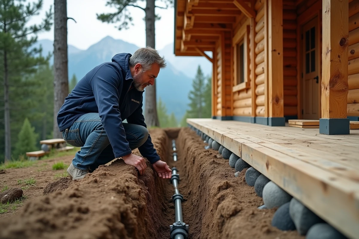 Ouvrier inspectant une tranchée avec tuyaux d'eau en forêt