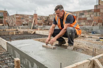Ouvrier du bâtiment lissant un radier en béton fraîchement coulé sur un chantier de construction résidentiel