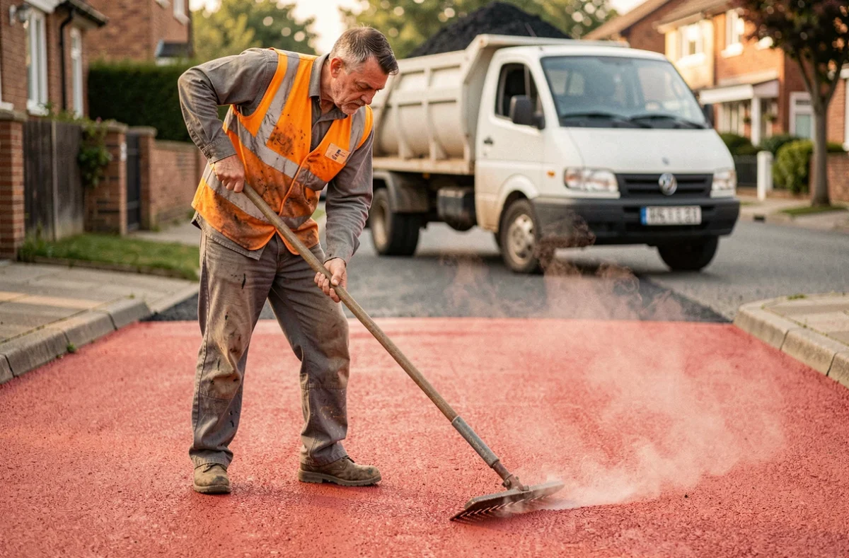 Ouvrier posant de l'enrobé rouge sur une allée résidentielle avec un râteau, matériau bitumineux rouge chaud