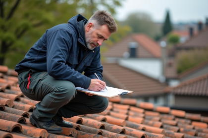 Ouvrier sur toit en tuiles avec carnet de notes