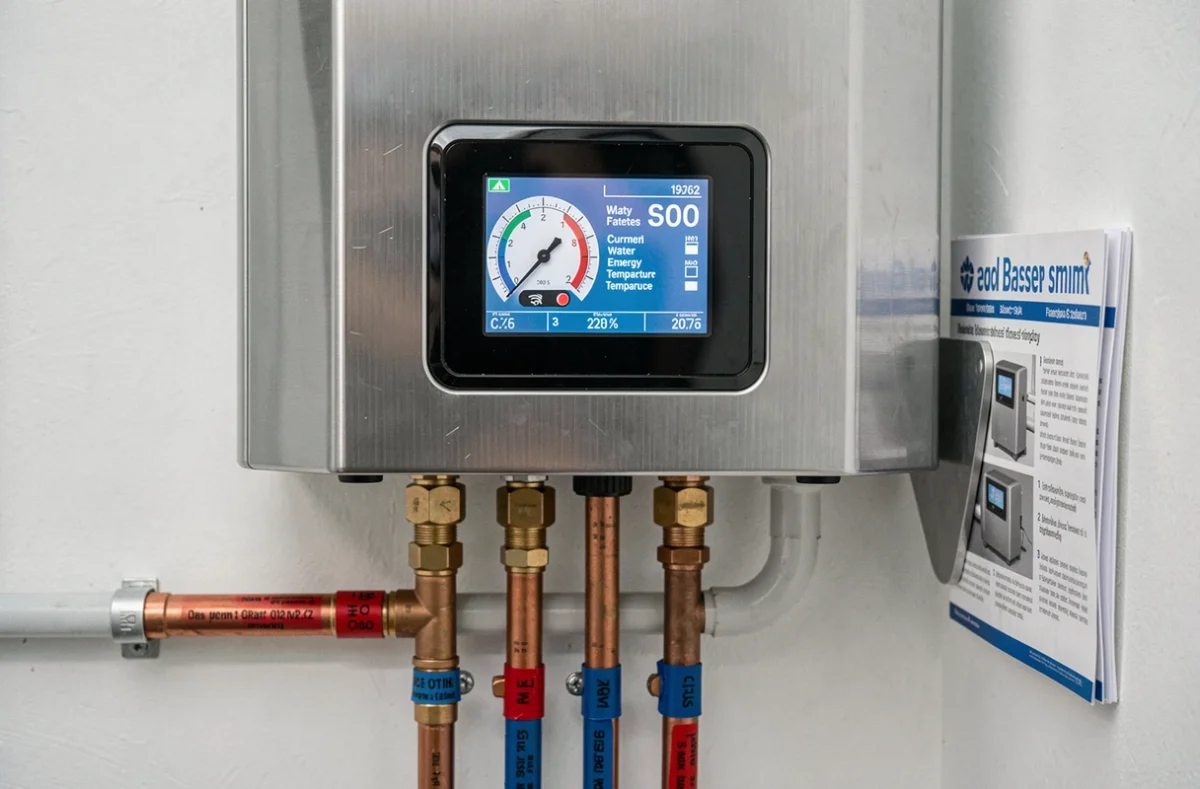 Panneau de contrôle et thermomètre d'un chauffe-eau solaire Giordano avec affichage numérique de température et tuyauterie en cuivre