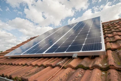 Panneau solaire 300W installé sur un toit en tuiles de maison individuelle, vue en contre-plongée sur fond de ciel nuageux