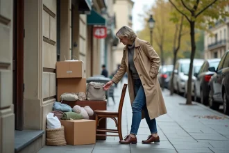 Femme parisienne en trench et jeans près d'une chaise