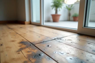 Parquet en chêne noirci et taché autour d'une baie vitrée dans un appartement moderne