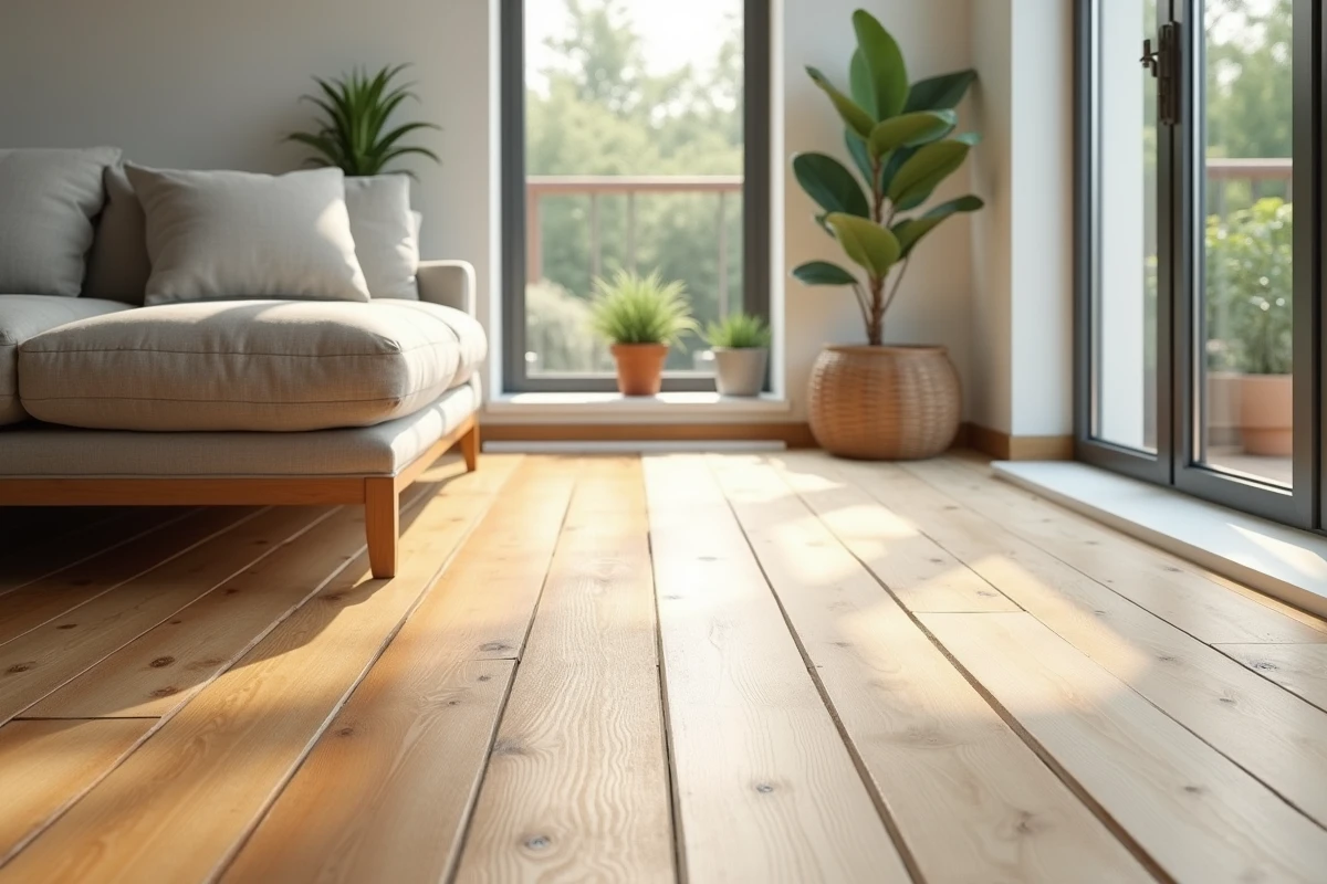 Vue grand angle d'un parquet partiellement restauré avant et après traitement près d'une baie vitrée