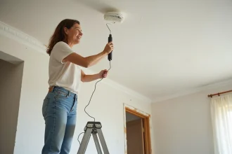 Femme peignant un plafond blanc dans un salon