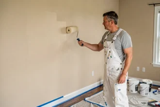 Peintre professionnel appliquant de la peinture ivoire sur un mur de salon en cours de rénovation