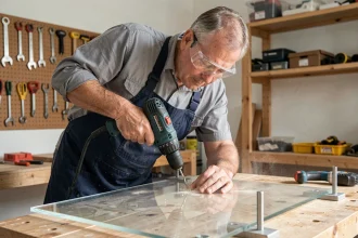 Homme perçant une plaque de plexiglas avec une perceuse électrique dans un atelier DIY bien organisé